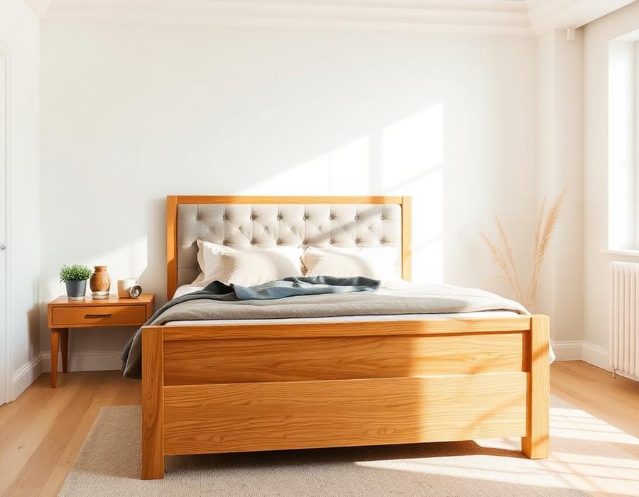 Custom made wooden bed with quilted headboard