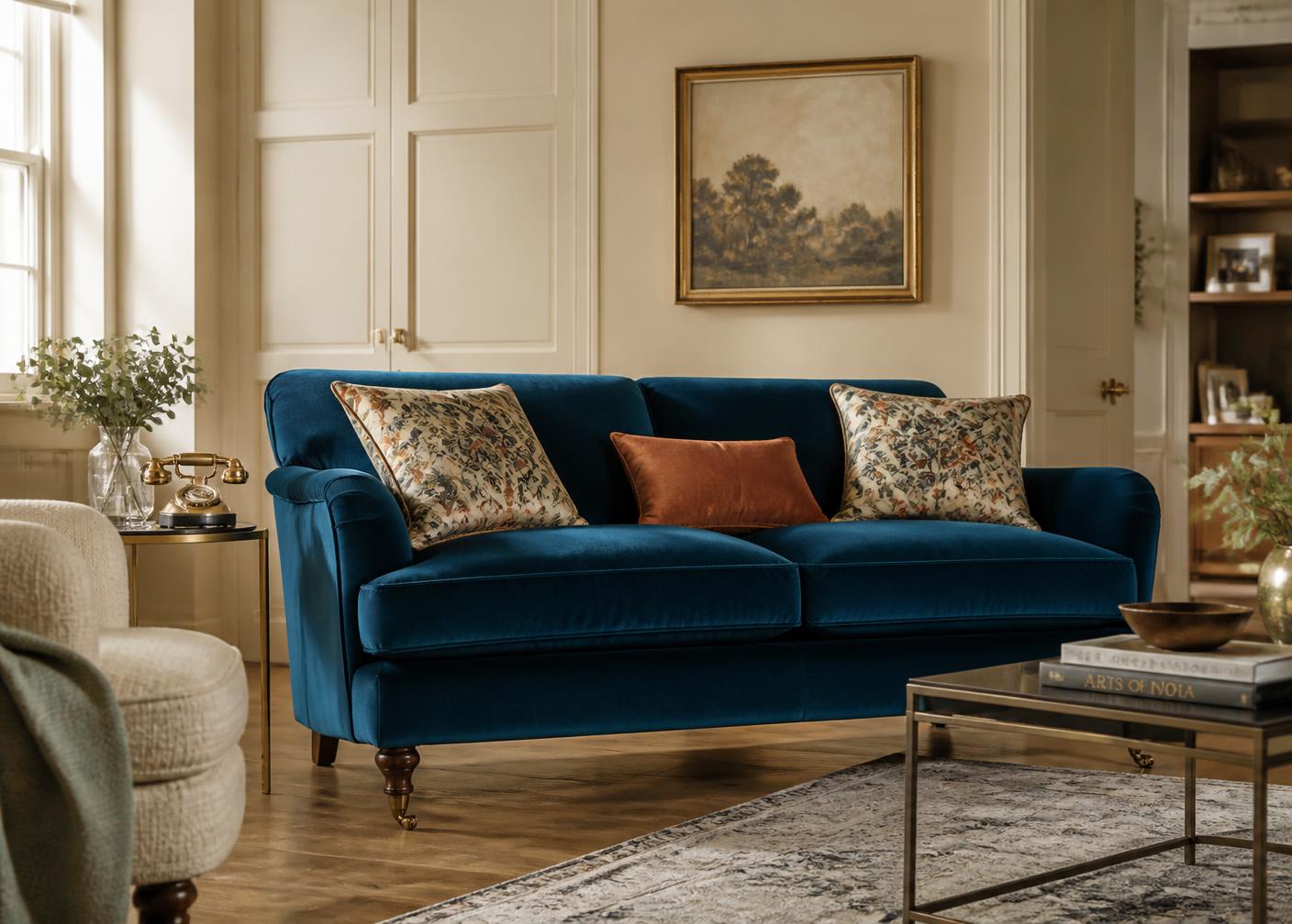 Reupholstered blue velvet sofa in an elegant Noida living room